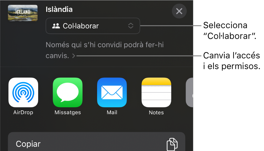 Menú “Compartir” amb l’opció “Col·laborar” seleccionada a la part superior i la configuració dels permisos a sota.
