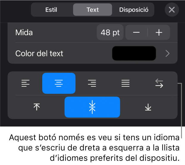 Controls de text del menú Format, amb una llegenda per al botó “De dreta a esquerra”.