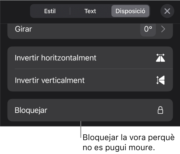 Els controls de disposició al menú Format amb el botó Bloquejar ressaltat.
