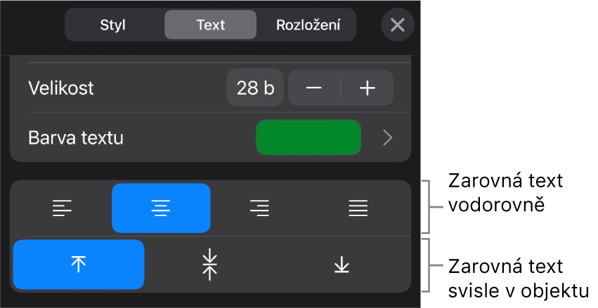 Oddíl Zarovnání v inspektoru formátování s popisky tlačítek zarovnání textu