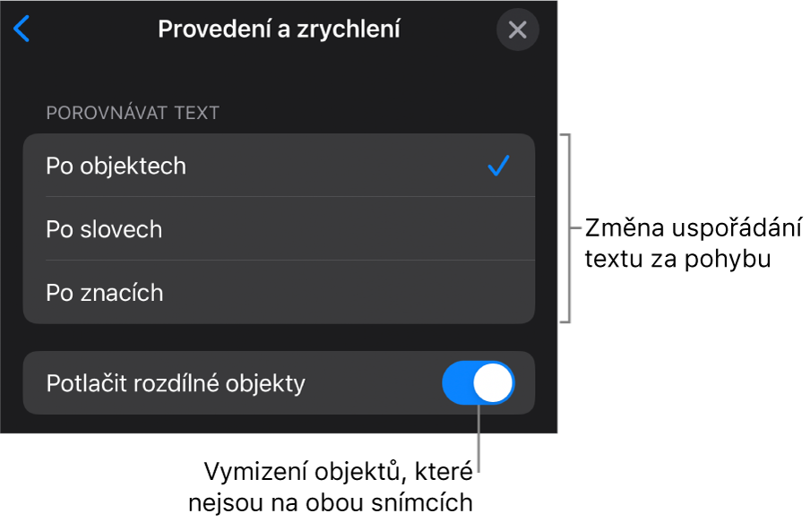 Volby provedení a zrychlení funkce Kouzelný přesun na panelu Zrychlení