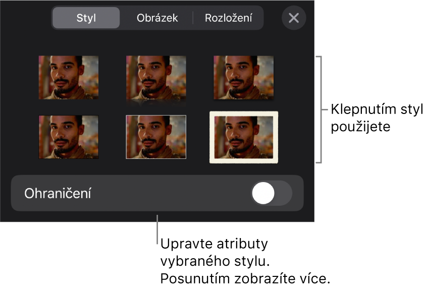 Panel Styl v nabídce Formát se styly objektů u horního okraje. Pod nimi je ovládací prvek pro změnu ohraničení.