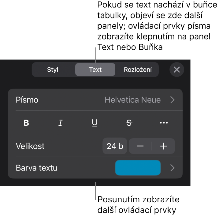 Ovládací prvky pro text v nabídce Formát pro nastavení stylů, písma, velikosti a barvy odstavce a znaků