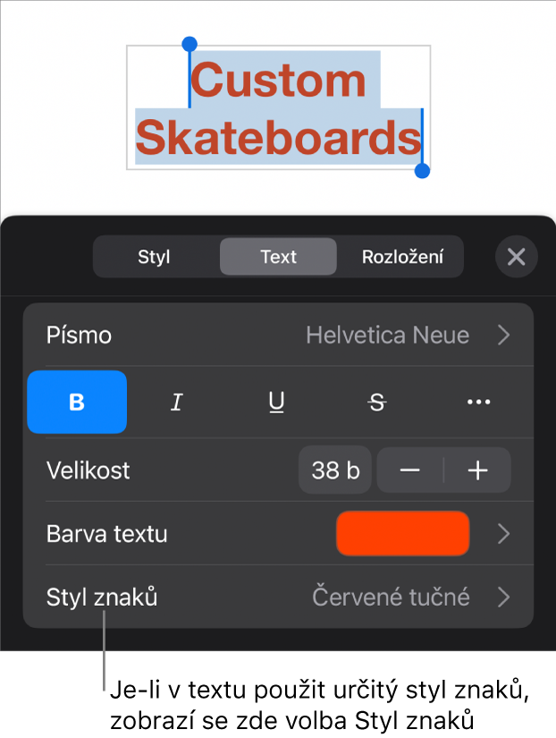 Ovládací prvky formátování textu s nabídkou Styl znaků pod ovládacími prvky v oddílu Barva. Zobrazuje se styl Žádný s hvězdičkou.