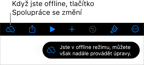Tlačítka u horního okraje obrazovky, mezi nimiž je tlačítko Spolupráce změněné na ikonu mraku přeškrtnutého diagonální linkou. Na obrazovce se zobrazí upozornění „Jste v offline režimu, můžete však nadále provádět úpravy.“