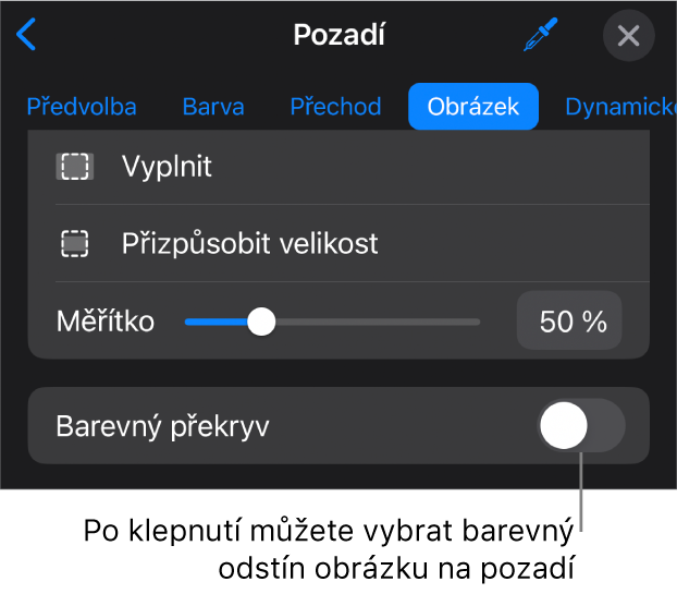 Ovládací prvky Pozadí kde je vidět obrázek nastavený jako pozadí snímku a dole ovládací prvek Barevný překryv