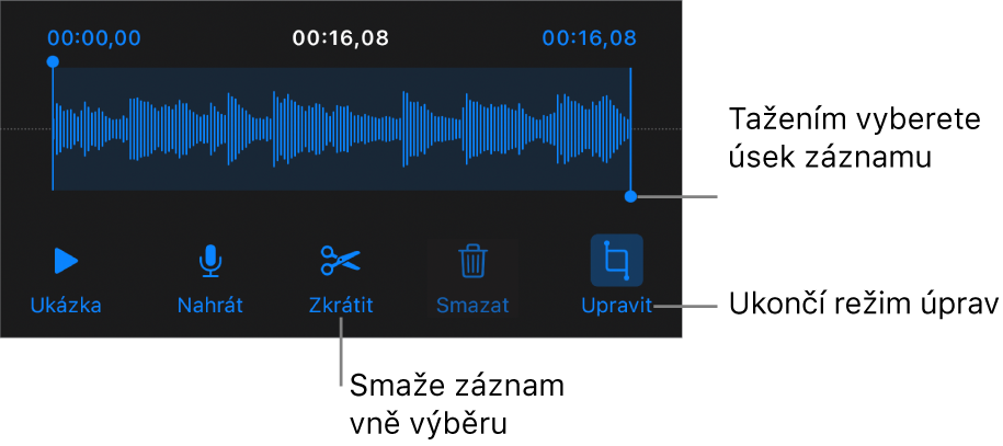 Ovládací prvky pro úpravu nahraného zvuku; vybraný úsek nahrávky je vyznačen pomocí úchytů a pod ním se nacházejí tlačítka Náhled, Zaznamenat, Zkrátit, Smazat a Režim úprav