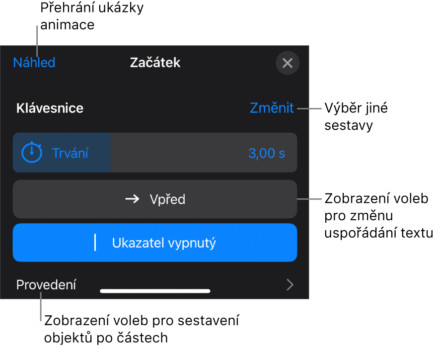 K volbám sestavy patří Trvání, Animace textu a Provedení Chcete-li vybrat jinou sestavu, klepněte na Změnit. Klepnutím na Náhled spustíte náhled sestavy
