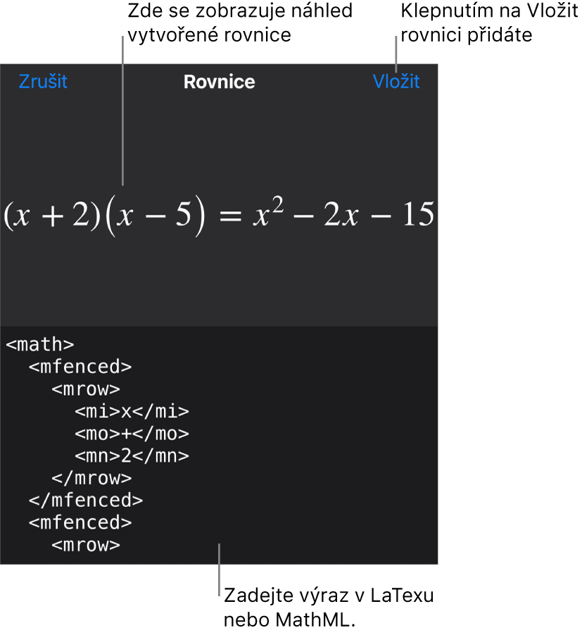Dialogové okno Rovnice, v němž se zobrazuje zápis rovnice pomocí příkazů jazyka MathML a nad ním náhled výsledného vzorce