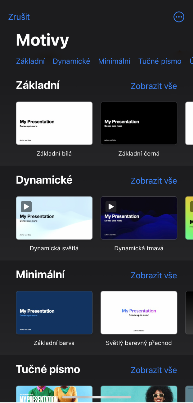 Okno pro výběr motivů s řádkem kategorií u horního okraje; klepnutím na ně můžete filtrovat možnosti pro výběr. Pod tím jsou miniatury předdefinovaných motivů, uspořádané v řádcích podle kategorií.