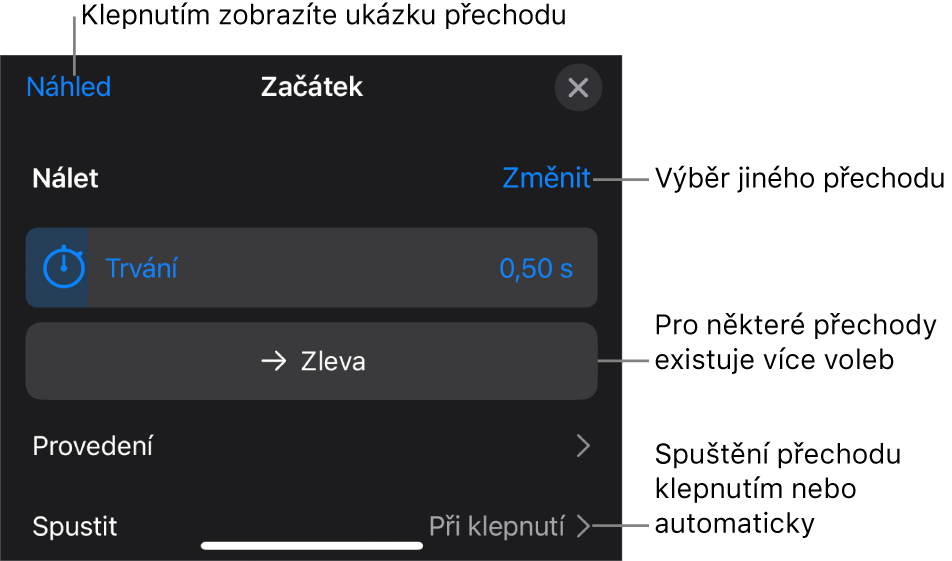 Ovládací prvky pro úpravu přechodu na panelu Volby