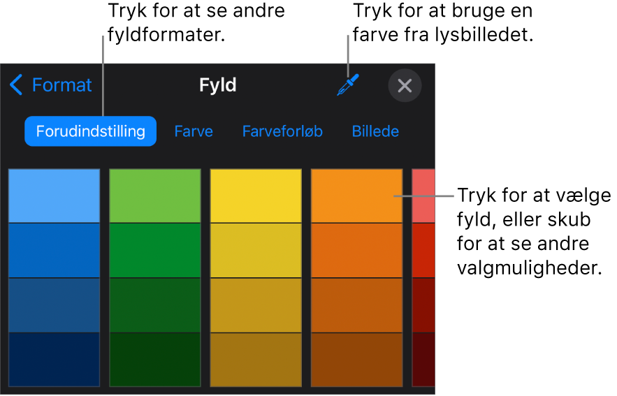 Udfyldningsmuligheder på fanen Format.