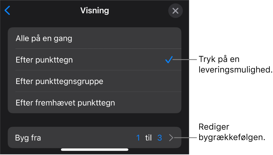 Visningsindstillinger i vinduet Byg ind.