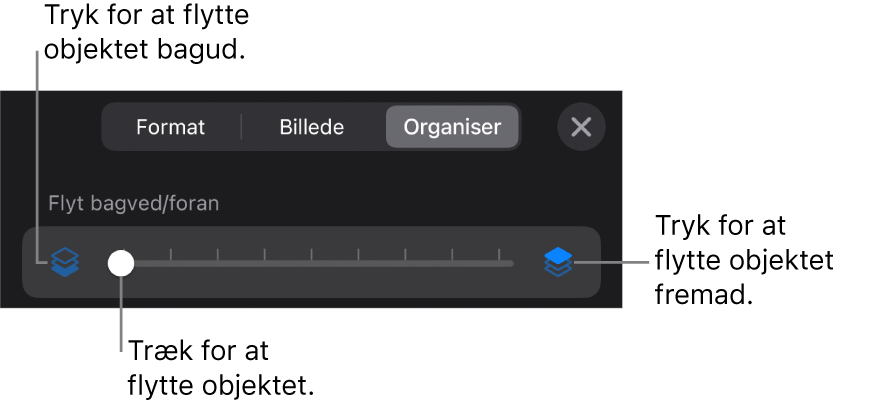 Knappen Flyt tilbage, knappen Flyt frem og mærket til lag.
