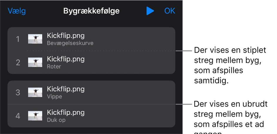 Menuen Bygrækkefølge med en stiplet streg mellem byg, der afspilles samtidig, og en ubrudt streg mellem byg, der afspilles et ad gangen.