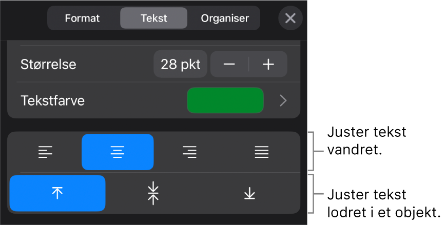Justering til knappen Format med billedforklaringer til knapperne til tekstjustering.