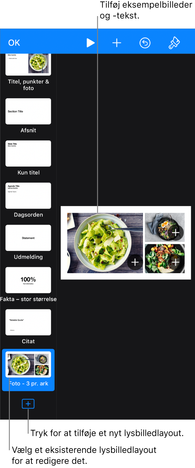 Et lysbilledlayout vises på lysbilledlærredet med knappen Tilføj lysbilledlayout nederst i lysbillednavigatoren.