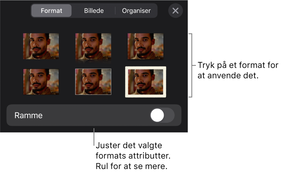 Fanen Format til menuen Format med objektformater øverst og derunder en betjeningsmulighed til ændring af rammen.