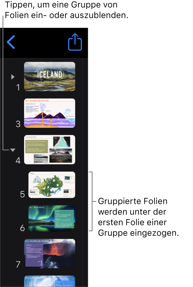 Foliennavigator mit eingerückten Folien