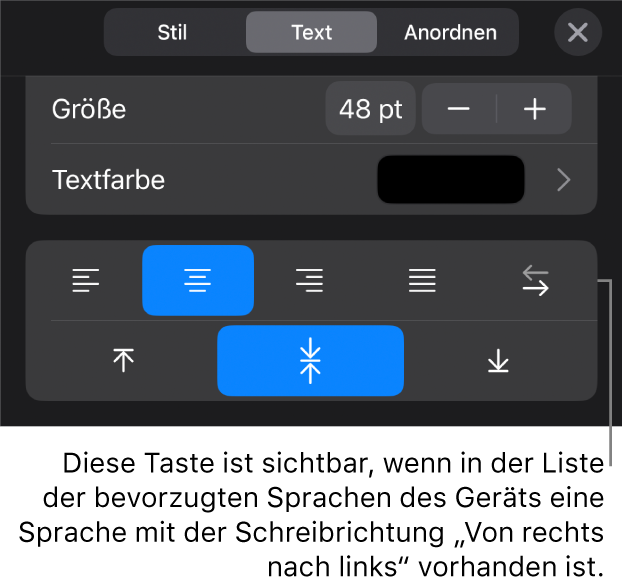 Die Textsteuerelemente im Menü „Format“ mit einer Beschreibung der Taste „Von rechts nach links“