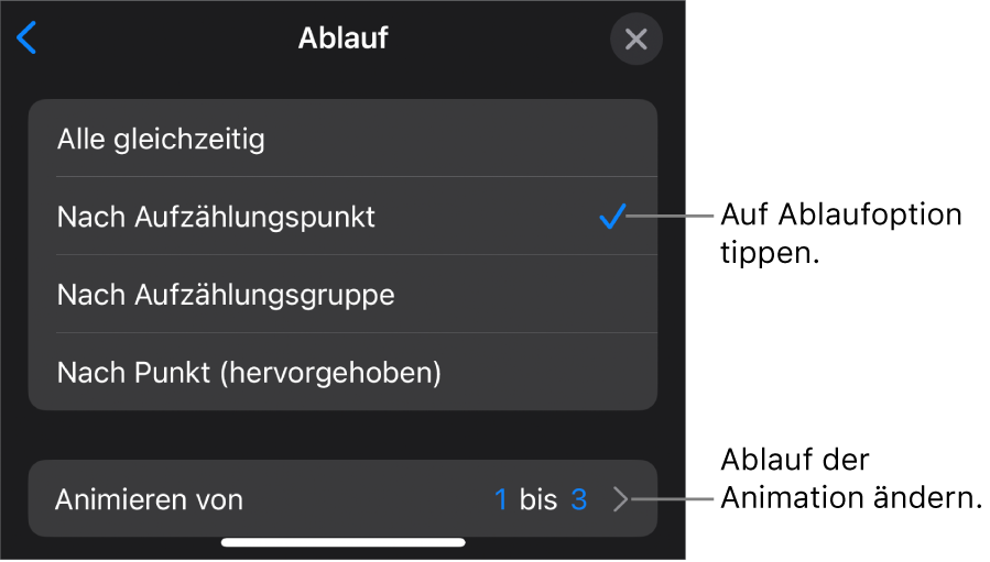 Ablaufoptionen im Bereich „Aufbau“