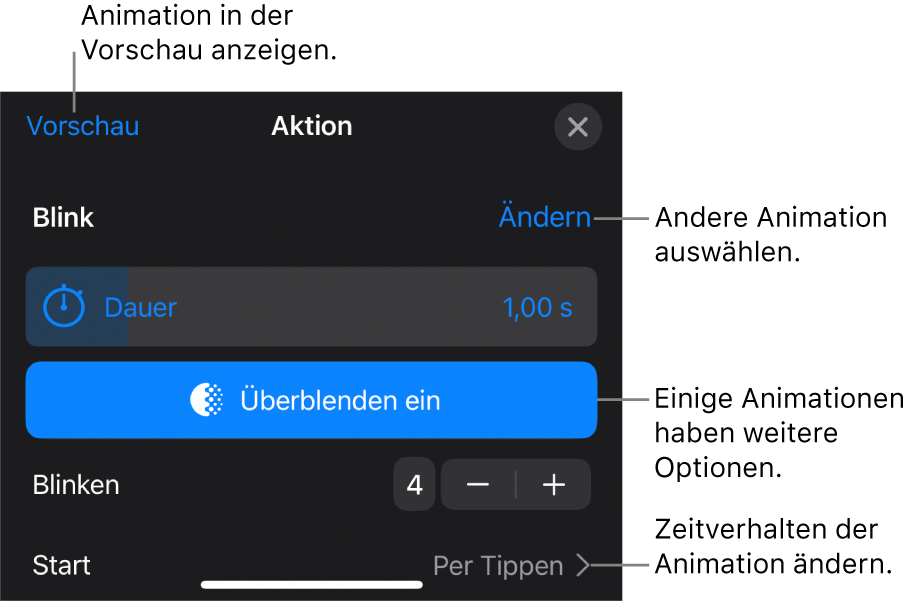 Animationsoptionen wie „Dauer“ und „Start“. Tippe auf „Ändern“, um eine andere Animation zu wählen, oder tippe auf „Vorschau“, um eine Vorschau der Animation anzuzeigen.