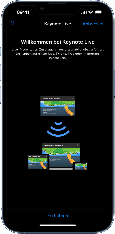Ein Fenster, in dem Keynote Live vorgestellt wird; unten befindet sich die Taste „Fortfahren“.