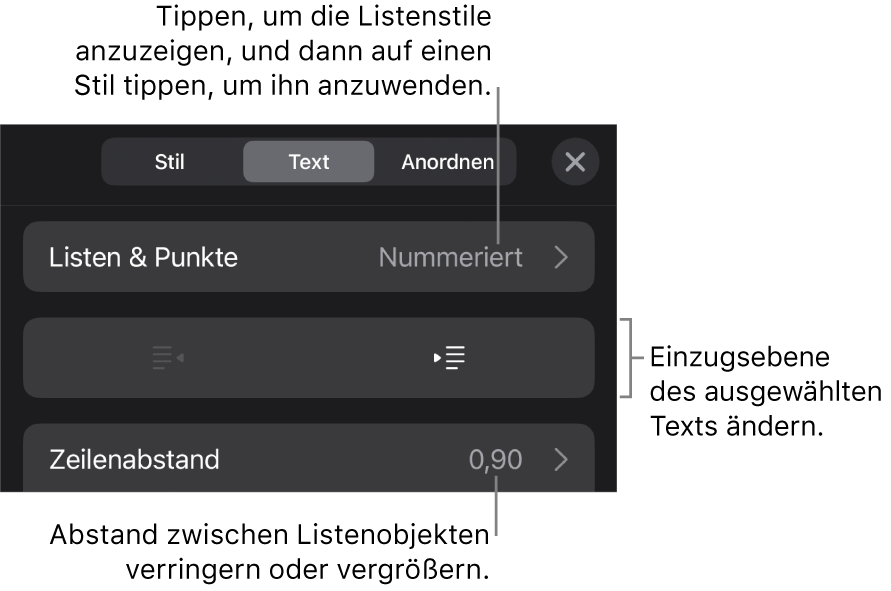 Der Abschnitt „Listen & Punkte“ der Formatsteuerungen mit Beschreibungen für „Listen & Punkte“, den Tasten „Einrücken“ und „Ausrücken“ und Steuerelemente für den Zeilenabstand