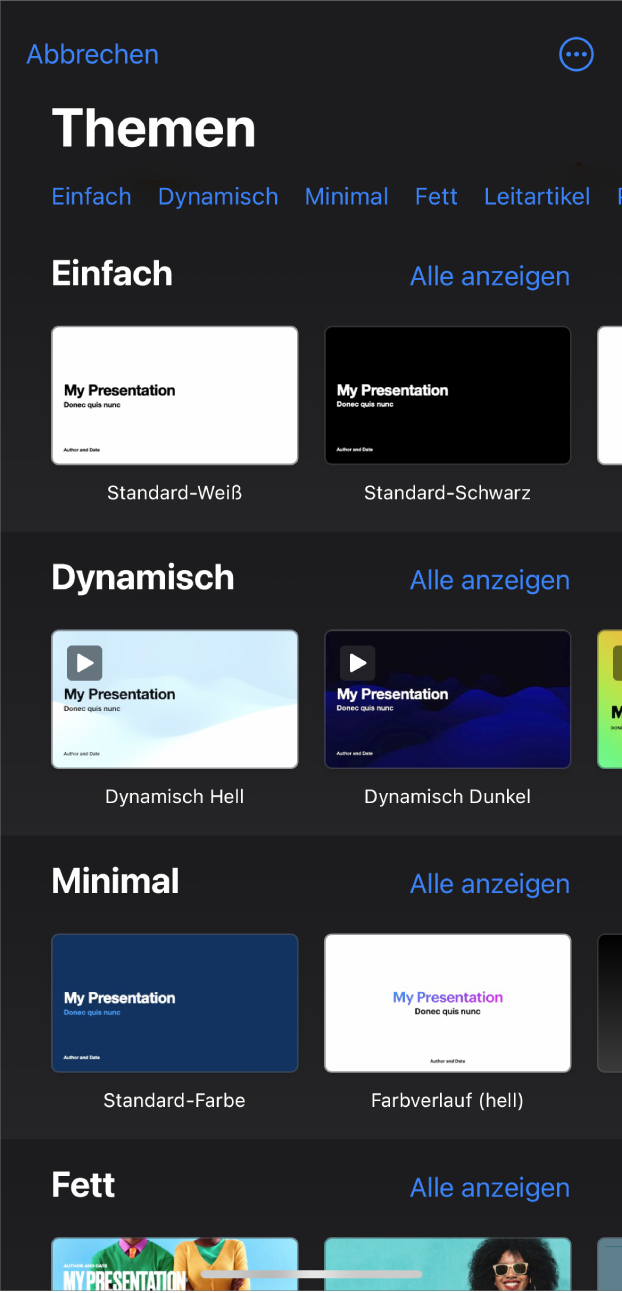 Die Themenauswahl zeigt oben eine Zeile mit Kategorien, auf die du tippen kannst, um die Optionen zu filtern. Darunter sind Miniaturen der vordefinierten Themen in Zeilen nach Kategorie sortiert.