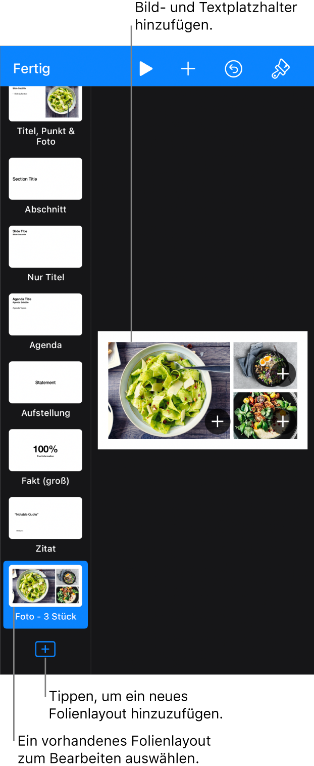 Ein Folienlayout ist auf dem Arbeitsbereich zu sehen, die Taste „Folienvorlage hinzufügen“ befindet sich unten im Foliennavigator.