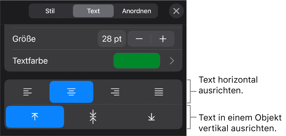 Der Abschnitt „Ausrichtung“ im Menü der Taste „Format“ mit Beschriftungen für die Ausrichtungstasten für Text