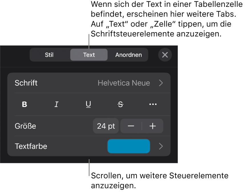 Textsteuerelemente im Menü „Format“ zum Festlegen von Absatz- und Zeichenstilen, Schrift, Größe und Farbe
