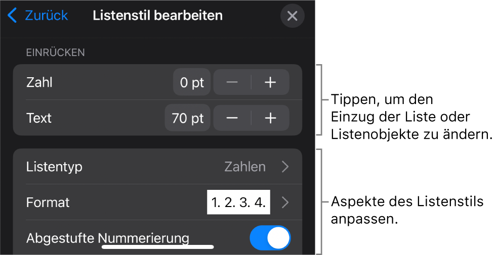 Das Menü „Listenstil bearbeiten“ mit Steuerelementen zum Bearbeiten des Typs und Erscheinungsbilds der Liste.