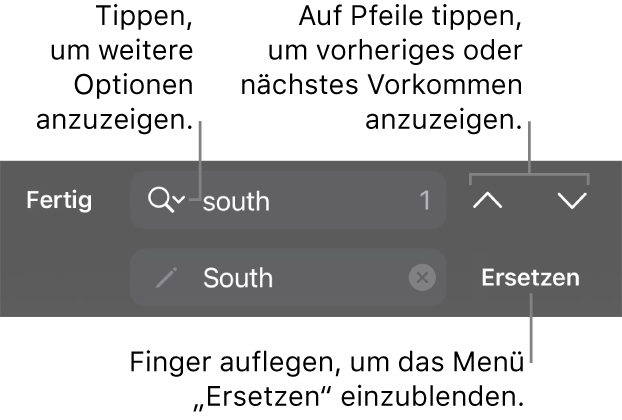 Die Steuerelemente „Suchen & Ersetzen“ über der Tastatur mit Beschreibungen zur Taste für Suchoptionen, zur Taste „Ersetzen“ und zu den Aufwärts- und Abwärts-Tasten.