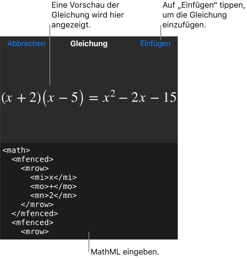 Im Dialogfenster „Gleichung“ wird eine Gleichung angezeigt, die mit MathML-Befehlen geschrieben wurde, darüber wird eine Vorschau der Formel angezeigt.
