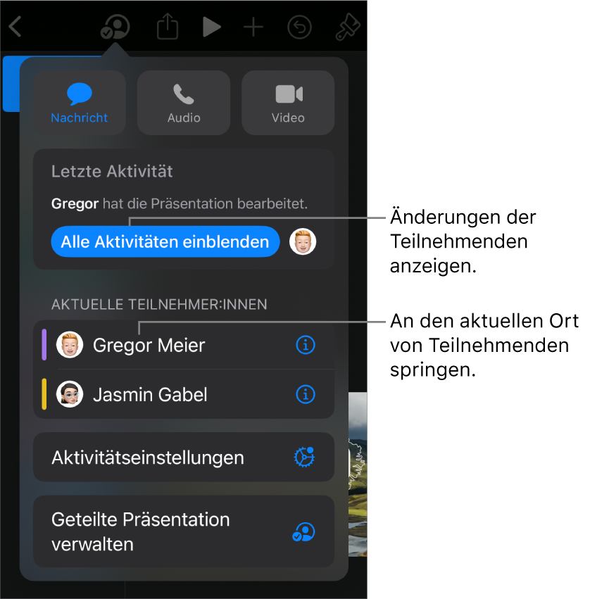 Das Menü „Zusammenarbeiten“ mit einer Liste der aktuellen Teilnehmer:innen.