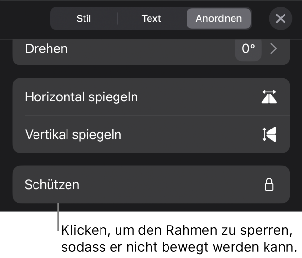 Die Steuerelemente „Anordnen“ im Menü „Format“ und die Taste „Schützen“ ist markiert