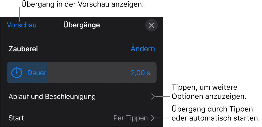 Steuerelemente für „Zauberei“ im Bereich „Übergänge“
