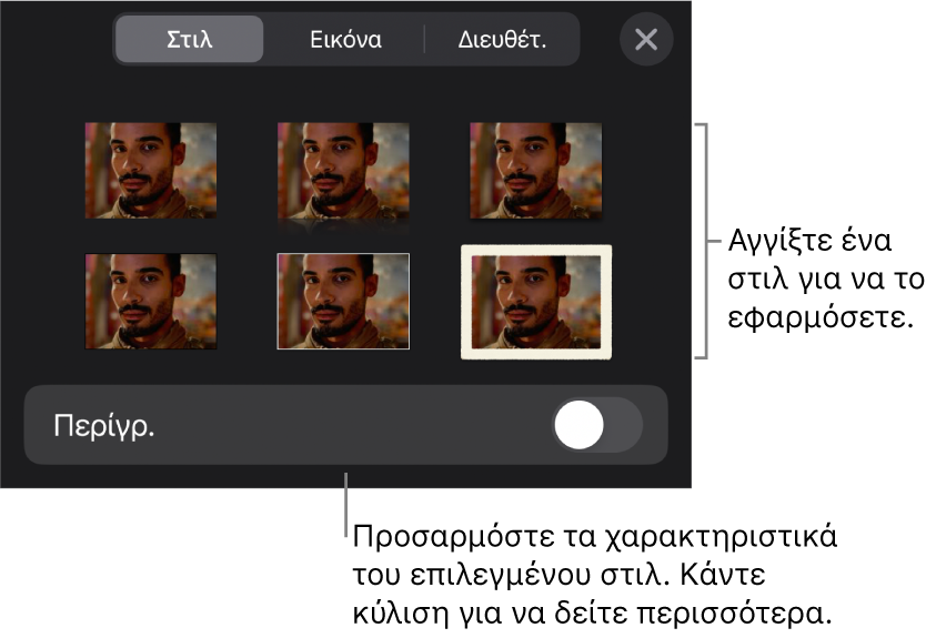 Η καρτέλα «Στιλ» στο μενού «Μορφή», με στιλ αντικειμένου στο πάνω μέρος και ένα στοιχείο ελέγχου από κάτω για αλλαγή του περιγράμματος.