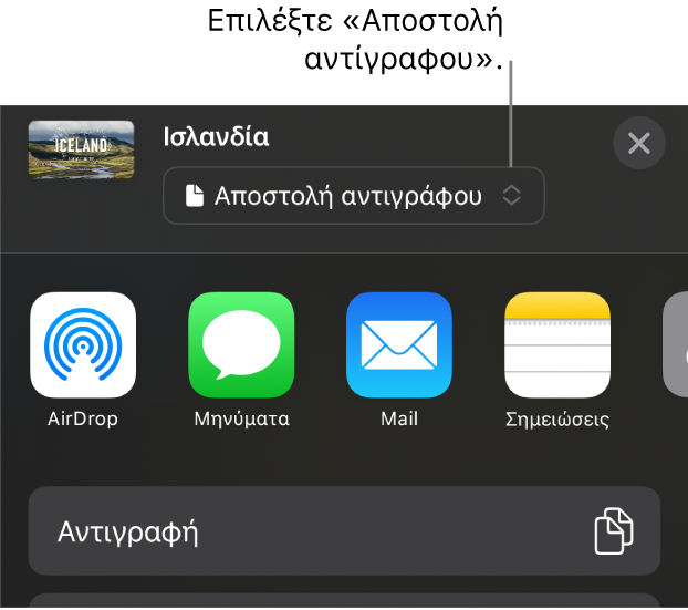 Το μενού «Κοινή χρήση» με επιλεγμένη την «Αποστολή αντιγράφου» στο πάνω μέρος.