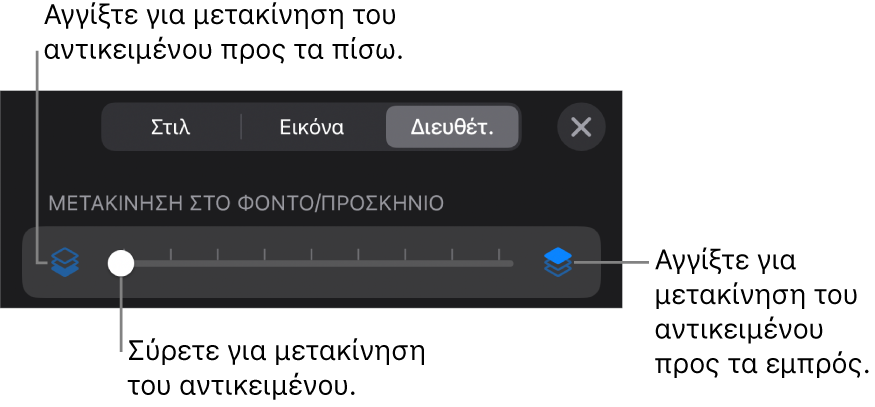 Το κουμπί Μετακίνησης προς τα πίσω, το κουμπί Μετακίνησης προς τα εμπρός, και το ρυθμιστικό διαστρωμάτωσης.