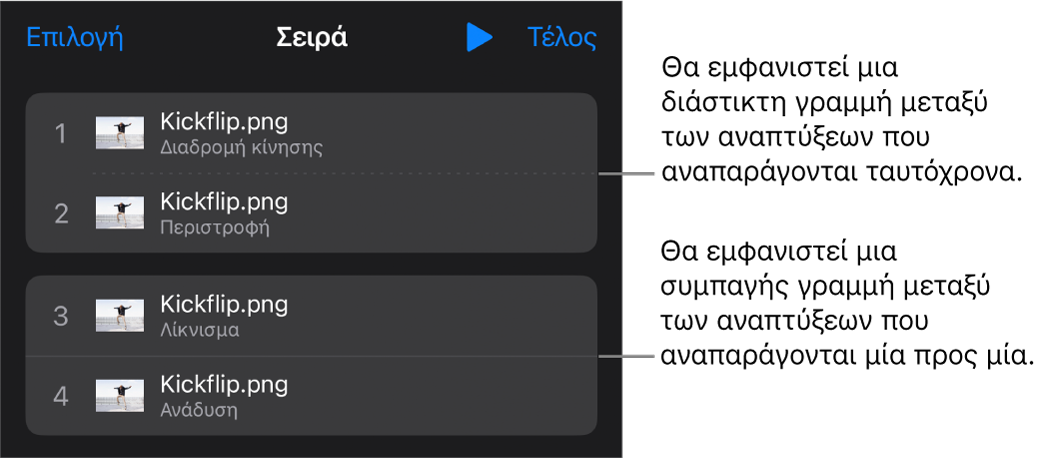 Το μενού «Σειρά ανάπτυξης», με μια εστιγμένη γραμμή που εμφανίζεται μεταξύ των αναπτύξεων που αναπαράγονται ταυτόχρονα και μια συμπαγή γραμμή μεταξύ των αναπτύξεων που παίζουν μία μία.