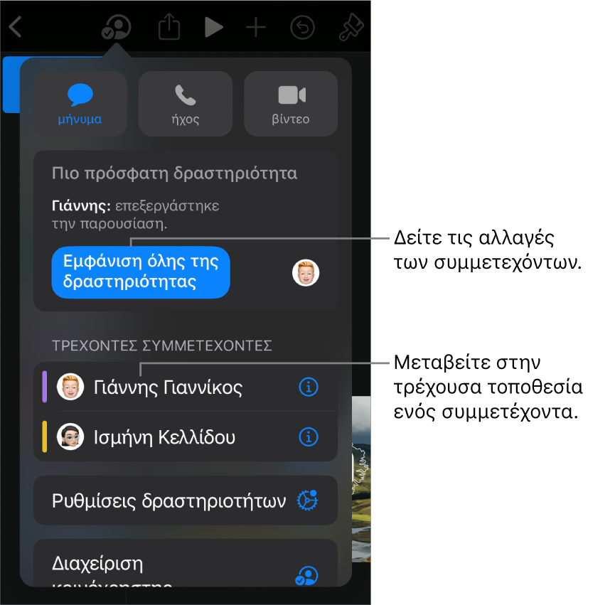 Το μενού συνεργασίας με τους τρέχοντες συμμετέχοντες.