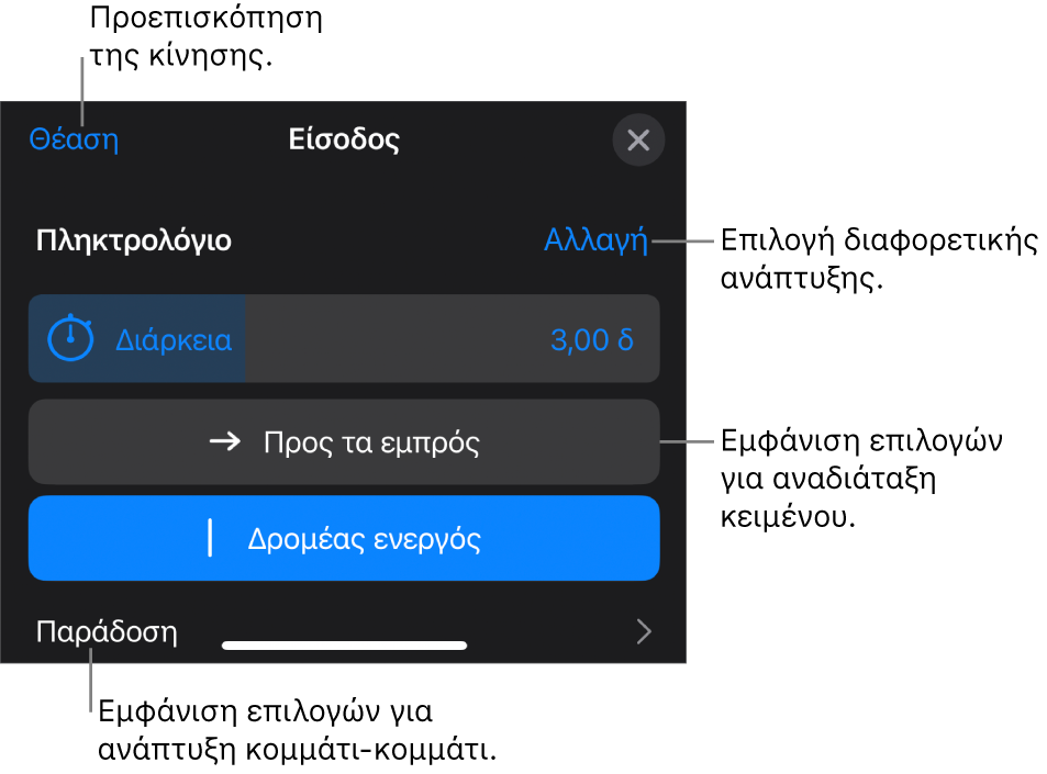 Οι επιλογές ανάπτυξης περιλαμβάνουν τη Διάρκεια, την Κίνηση κειμένου και την Παράδοση. Αγγίξτε «Αλλαγή» για να επιλέξετε μια διαφορετική ανάπτυξη ή αγγίξτε «Θέαση» για να δείτε σε προεπισκόπηση την ανάπτυξη.