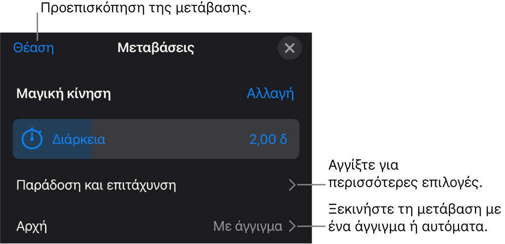 Στοιχεία ελέγχου Μαγικής Κίνησης στο τμήμα «Μεταβάσεις».