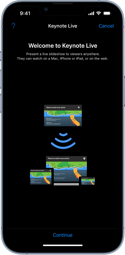 A window introducing Keynote Live with the Continue button at the bottom.