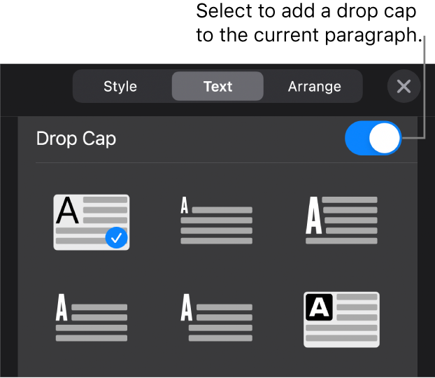 The Drop Cap controls located at the bottom of the Text menu.