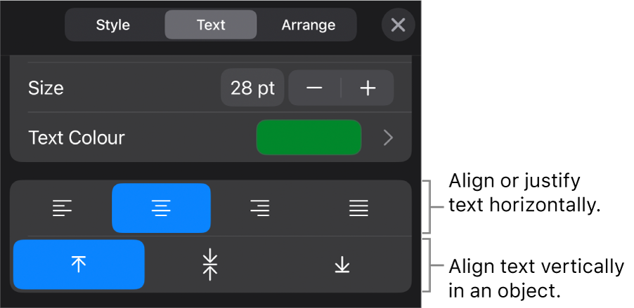 The Alignment section of the Format button with call outs to text alignment buttons.