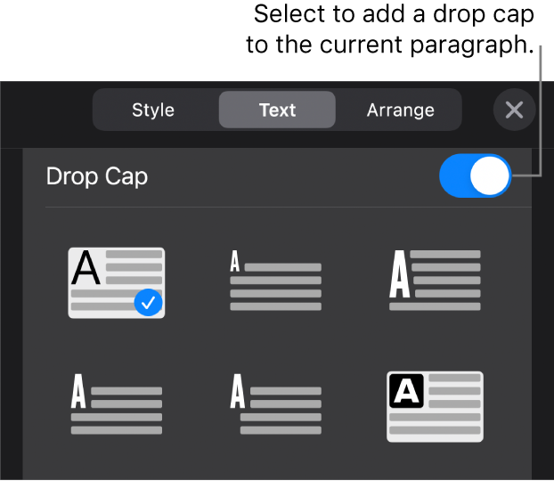 The Drop Cap controls located at the bottom of the Text menu.