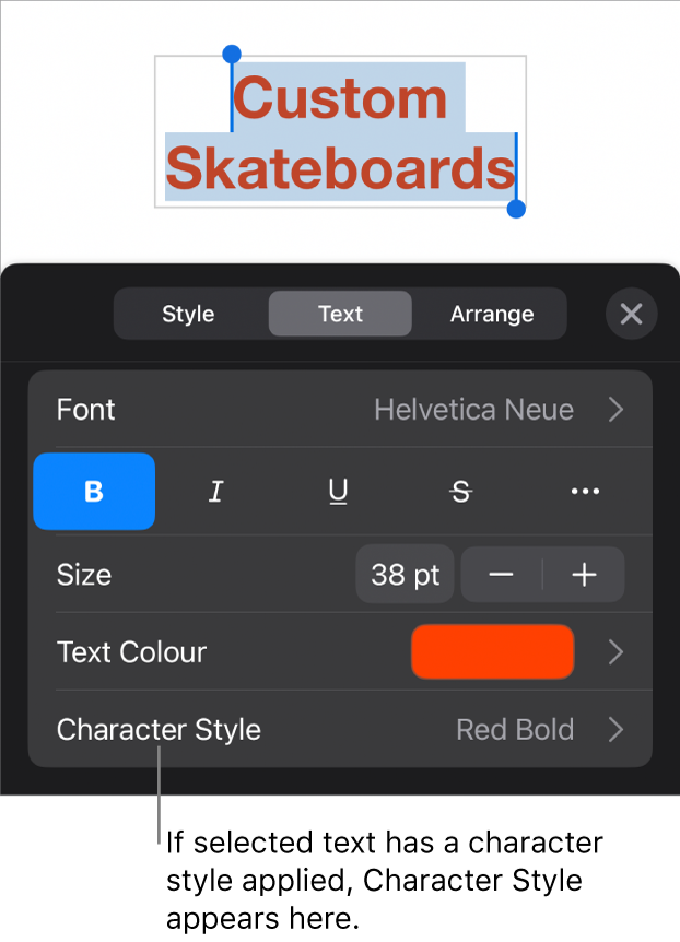 The Text formatting controls with Character Style below the Colour controls. The character style None appears with an asterisk.